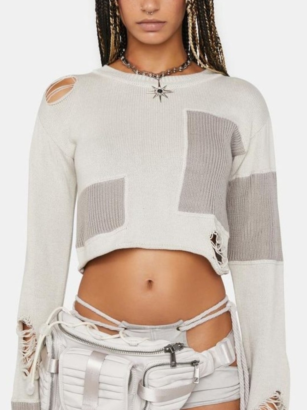 Darker Wavs Patchwork Distressed Knit Crop Sweater XS